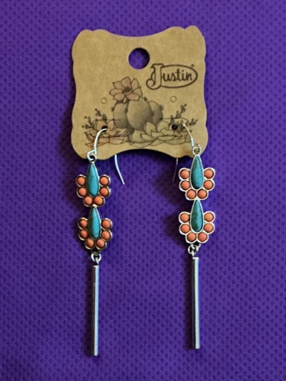 Justin Boots Turquoise and Coral Dangle Bar Earrings